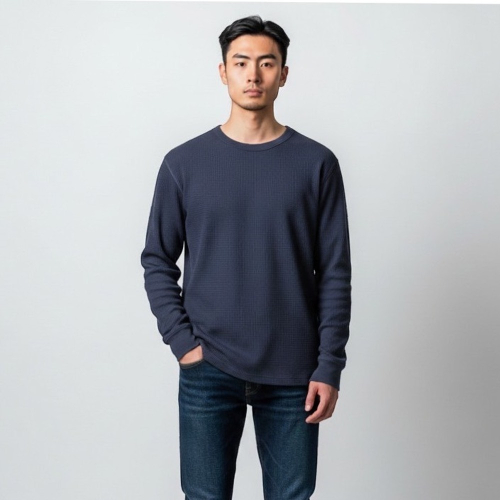 AE77 American Eagle Shirt Mens Small Navy Blue Waffle Knit Long Sleeve Cotton